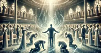 Spirituálne zhromaždenie v kostole, kde ľudia v modlitbe klaniajú hlavy a svetelný lúč osvetľuje kazateľnicu.