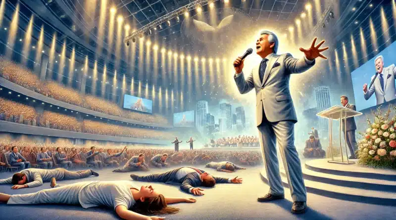 Benny Hinn káže na veľkom pódiu počas duchovnej služby, drží mikrofón a vášnivo gestikuluje, zatiaľ čo niektorí účastníci sú v stave padania pod duchovným vplyvom.