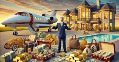 Zobrazenie symbolizujúce chamtivosť kazateľov evanjelia prosperity – luxusné súkromné lietadlo, peniaze, zlato a obrovský palác.