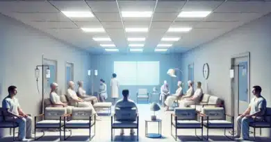 Zobrazenie psychiatrickej izby s pacientmi, ktorí sú usadení v stoličkách, v prostredí s klinickou atmosférou.
