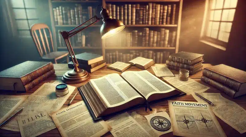 Detailná scéna stola so otvorenou Bibliou v strede, obklopenou rôznymi papiermi, rukopismi a knihami, s lampou osvetľujúcou knihy.