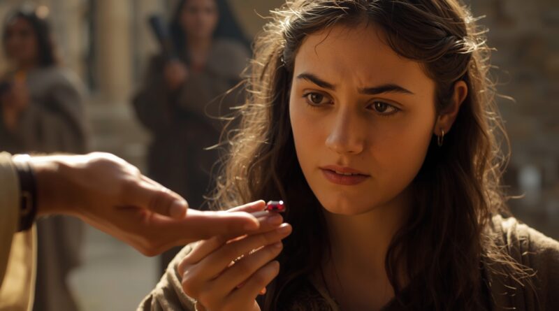 Mladá žena prijímajúca drobný predmet symbolizuje vnútorné rozhodnutie nasledovať Krista nie pre zisk, ale pre pravdu, vzťah a poslušnosť evanjeliu