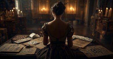 Žena sediaca pri stole plnom okultných symbolov a rituálnych diagramov v temnom interiéri znázorňuje klamlivú teológiu kliatob a duchovné praktiky bez biblického základu