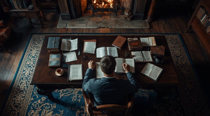 Muž študujúci množstvo teologických kníh pri stole symbolizuje analytické skúmanie učenia Hnutia viery a jeho porovnanie s biblickým evanjeliom