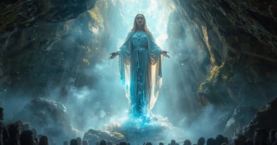 Žiarivá ženská postava v modrom rúchu stojaca v skalnej jaskyni nad davom ľudí, obklopená svetlom, hmlou a mystickou atmosférou, symbolizujúca globálne náboženské zjavenie
