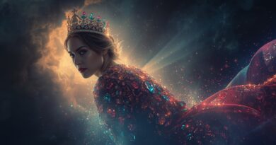 Žena s korunou zahalená do temného svetla a žiariacich drahokamov, symbolizujúca klamlivú duchovnú autoritu, zvod, pýchu a náboženský podvod spojený s obrazom Jezábel