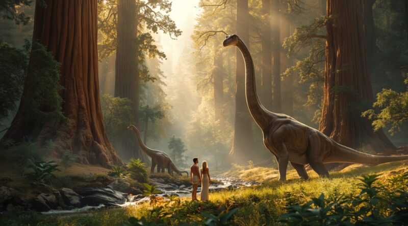 Adam a Eva stoja v rajskej krajine medzi dinosaurami v pralesnom prostredí, symbol biblického stvorenia, súžitia človeka a zvierat a doslovného výkladu knihy Genezis