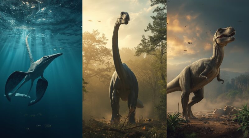 Prastaré dinosaury v mori, v lese a na súši, znázorňujúce rozmanitosť dinosaurov, otázky ich pôvodu, existencie a miesta v dejinách sveta z biblického pohľadu