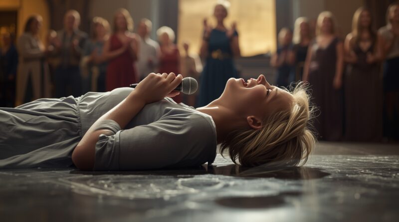 Heidi Baker počas emotívneho zhromaždenia v cirkvi, žena ležiaca na zemi s mikrofónom počas duchovného prejavu