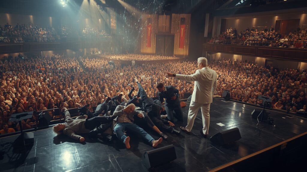 Benny Hinn počas masového zhromaždenia, ľudia padajú na zem na pódiu pred zaplnenou halou