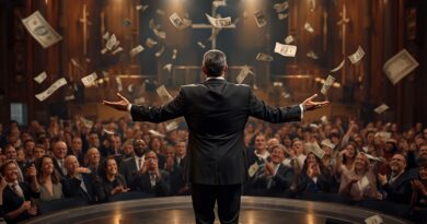 Televízny kazateľ na pódiu pred davom veriacich, nad hlavou lietajú bankovky ako symbol prosperity evanjelia a elektronickej cirkvi