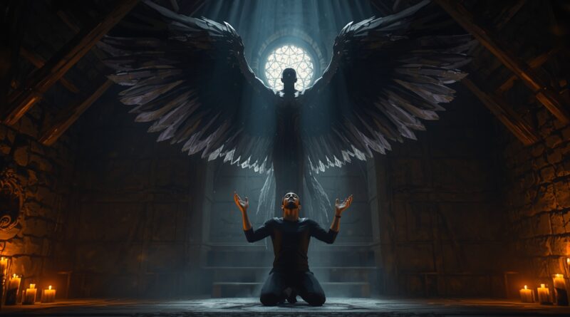 Muž kľačiaci v temnej miestnosti s rukami zdvihnutými k nebesiam, nad ním stojí temná anjelská postava s rozprestretými krídlami, symbolizujúca otázky okolo uzdravovaní, duchovných prejavov a rozlišovania v službe Johna G. Lakea