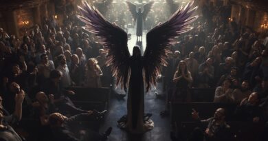 Zhromaždenie veriacich v modernom chráme, uprostred stojí temná postava s rozprestretými anjelskými krídlami, ľudia reagujú emóciami a extázou, obraz symbolizuje dôraz na manifestácie, zážitky a duchovné prejavy v hnutí Bethel