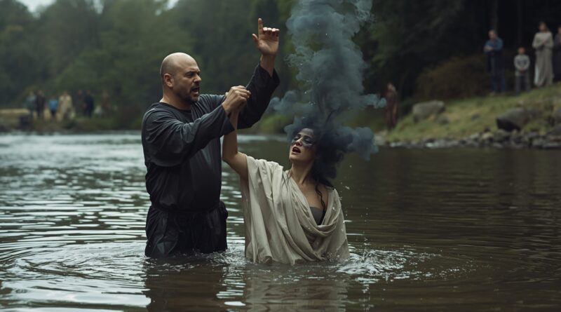 Torben Sondergaard pri vodnom krste v rieke, dramatická scéna s dôrazom na učenie o Poslednej reformácii a dôraze na viditeľné prejavy viery