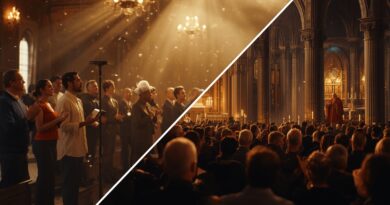 Rozdelený pohľad na bohoslužbu, na jednej strane moderné charizmatické zhromaždenie s emóciami a chválami, na druhej strane tradičná cirkevná liturgia s kázňou a oltárom, obraz symbolizuje rozdiel medzi letničným a charizmatickým hnutím