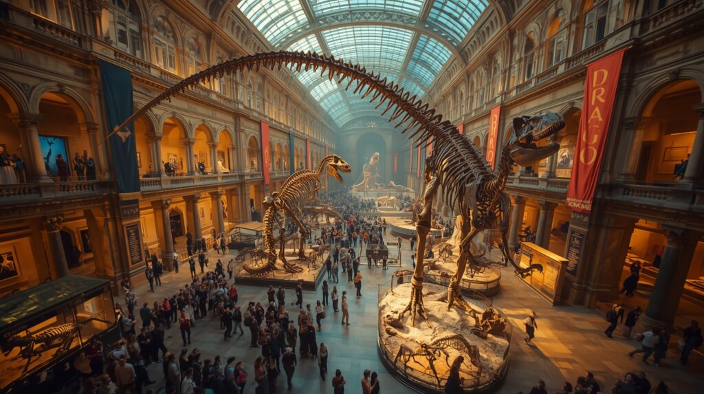 Múzejná hala s vystavenými kostrami dinosaurov a pravekých plazov, ktoré boli v raných dejinách paleontológie označované ako draci, ilustrujúca historický prechod od pojmu drak k modernému dinosaurovému názvosloviu