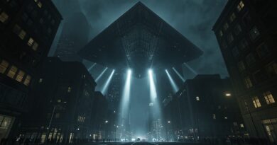 Masívny objekt UFO nad nočným mestom so silnými lúčmi svetla, symbol duchovného klamu, falošného zjavenia a nadprirodzeného zvádzania v posledných časoch