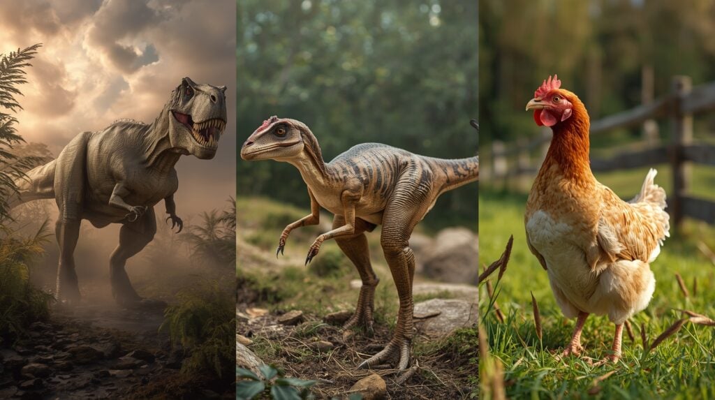Trojkompozícia zobrazujúca veľkého teropódneho dinosaura, menšieho dinosaurieho tvora a modernú sliepku ako ilustráciu tvrdení neodarwinizmu o skokovom vzniku nových druhov