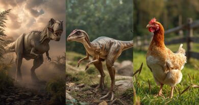 Trojkompozícia zobrazujúca veľkého teropódneho dinosaura, menšieho dinosaurieho tvora a modernú sliepku ako ilustráciu tvrdení neodarwinizmu o skokovom vzniku nových druhov