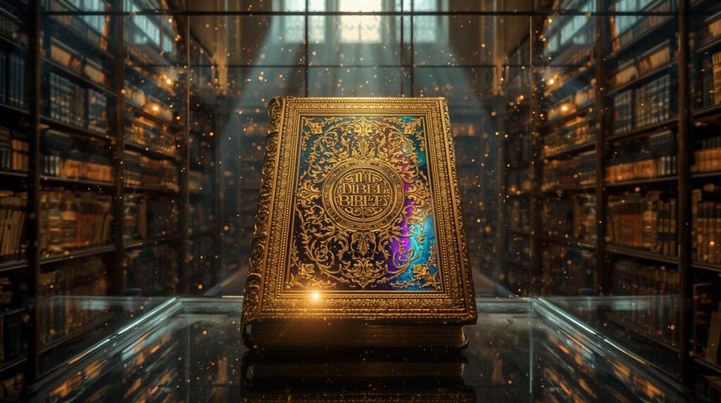 Bohato zdobená Biblia vystavená v knižnici symbolizujúca princíp Sola Scriptura – autoritu Svätého písma.