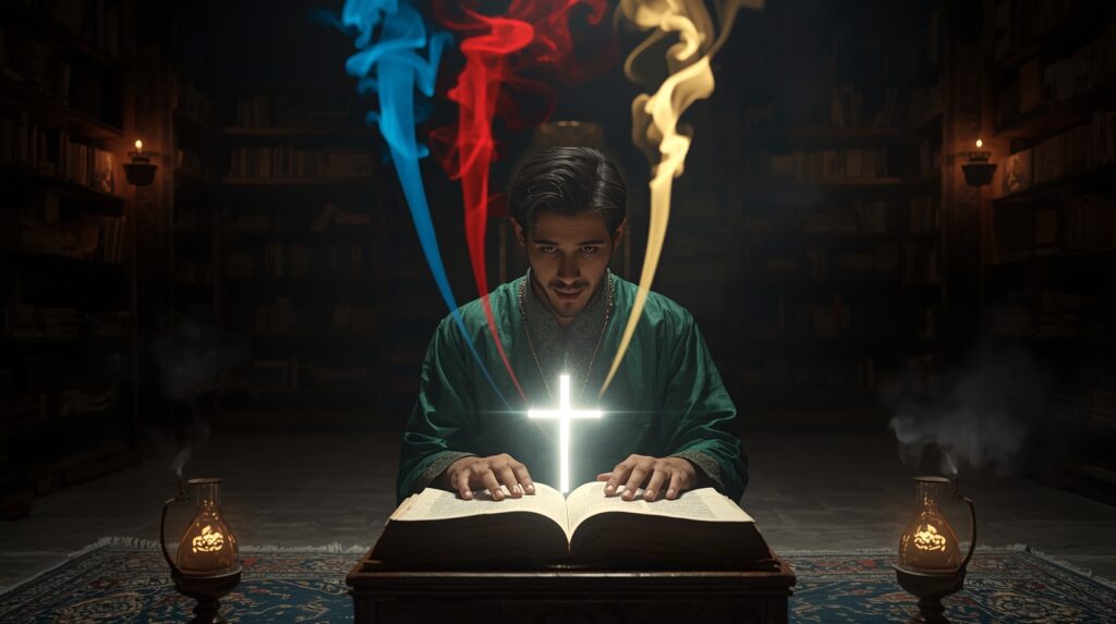 Muž študuje otvorenú Bibliu so žiariacim krížom, symbol zjavenia Otca, Syna a Ducha Svätého v jednote Boha