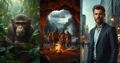 Porovnanie opice, pravekých ľudí a moderného muža ako vizuálny symbol evolučnej teórie, pôvodu človeka a otázky skutočného vývoja ľudskej identity