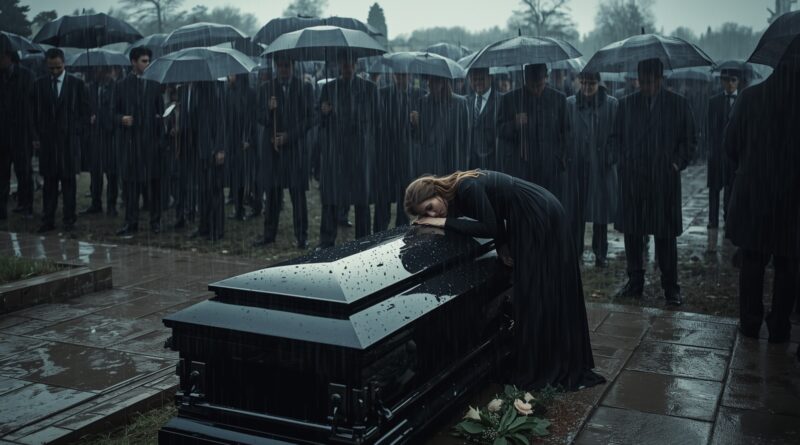 Smútočný obrad pri rakve počas dažďa symbolizujúci bolesť zo straty a otázku Božej prítomnosti v utrpení.