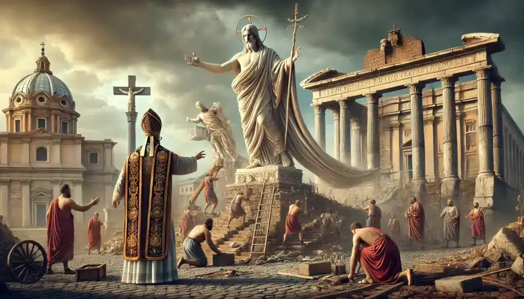 Scéna zobrazuje prechod starovekého pohanského Ríma na kresťanstvo, s pápežom v bohatých rúchach, ktorý dirigujúci prácu na obnovovaní rímskej pamiatky, zatiaľ čo postava Ježiša Krista v pozadí dominuje krajine.