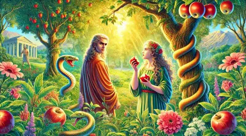 Ilustrácia zobrazujúca Adama a Evu v Záhrade Edenu v momente prvého hriechu. Eva drží jablko, zatiaľ čo had sa omotáva okolo stromu, s Edenom v pozadí a jablkami na strome.