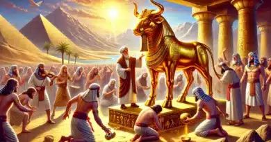 Ilustrácia znázorňujúca Árona, Mojžišovho staršieho brata, zúčastňujúceho sa na uctievaní zlatého egyptského býka Apisa, s množstvom ľudí, ktorí sa klaňajú a obetujú pred sochou býka.
