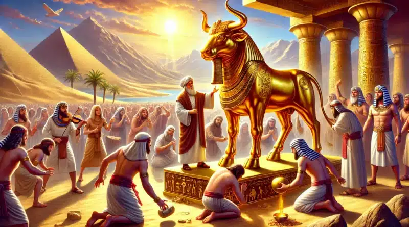 Ilustrácia znázorňujúca Árona, Mojžišovho staršieho brata, zúčastňujúceho sa na uctievaní zlatého egyptského býka Apisa, s množstvom ľudí, ktorí sa klaňajú a obetujú pred sochou býka.