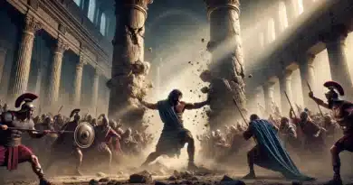 Ilustrácia biblického príbehu Samsona v posledných chvíľach pred pádom chrámu. Samson, svalnatý muž, ničí stĺpy chrámu, kým ho obklopujú vojaci a sily okolo neho sa rúti.