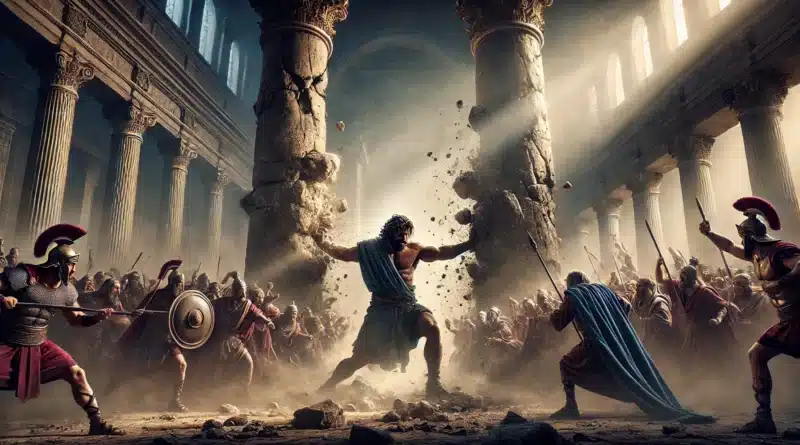 Ilustrácia biblického príbehu Samsona v posledných chvíľach pred pádom chrámu. Samson, svalnatý muž, ničí stĺpy chrámu, kým ho obklopujú vojaci a sily okolo neho sa rúti.