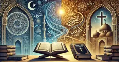 Ilustrácia teologického porovnania medzi Koránom a Bibliou, zobrazuje dve otvorené knihy, jednu predstavujúcu Korán s arabskými nápismi a druhú Bibliu s kresťanským krížom, obklopené náboženskými symbolmi.