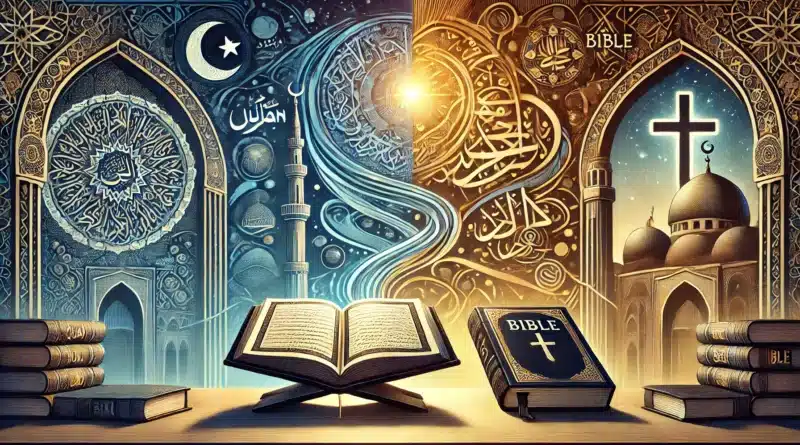 Ilustrácia teologického porovnania medzi Koránom a Bibliou, zobrazuje dve otvorené knihy, jednu predstavujúcu Korán s arabskými nápismi a druhú Bibliu s kresťanským krížom, obklopené náboženskými symbolmi.