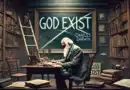 Charles Darwin sediaci pri stole v knižnici, píše svoju teóriu evolúcie, zatiaľ čo na tabuli je napísané "God Exist" s čiarou cez to.
