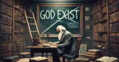 Charles Darwin sediaci pri stole v knižnici, píše svoju teóriu evolúcie, zatiaľ čo na tabuli je napísané "God Exist" s čiarou cez to.