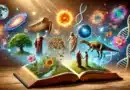 Magická scéna otvorenej knihy s žiariacimi obrazmi vychádzajúcimi z jej strán, zobrazuje stvorenie sveta, Noemovu archu, Adam a Evu, dinosaurov a galaxie.