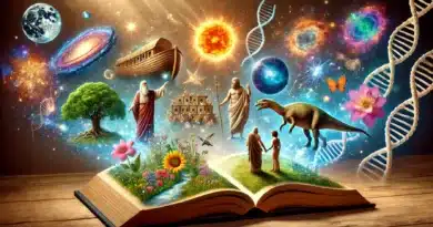 Magická scéna otvorenej knihy s žiariacimi obrazmi vychádzajúcimi z jej strán, zobrazuje stvorenie sveta, Noemovu archu, Adam a Evu, dinosaurov a galaxie.