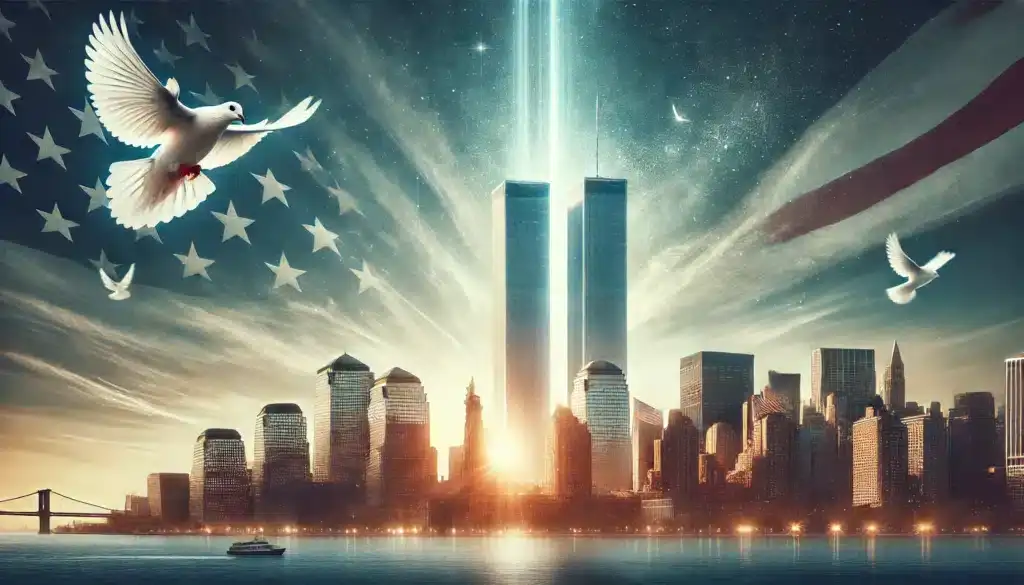 Symbolická a rešpektujúca zobrazenie Svetového obchodného centra s dvojičkami veží, zobrazené v pokojnej a reflexívnej atmosfére, s holubicami a americkou vlajkou na pozadí.