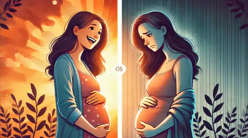 Kontrastná ilustrácia tehotnej ženy – na jednej strane šťastná a na druhej smutná, symbolizujúca dilemu potratu.