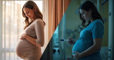 tehotná žena rozdelená kontrastom radosti a vážnej voľby symbolizujúca etickú otázku potratu