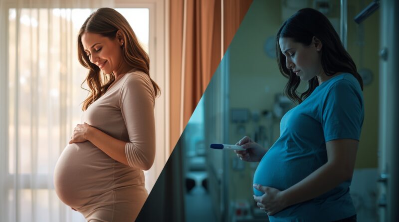 tehotná žena rozdelená kontrastom radosti a vážnej voľby symbolizujúca etickú otázku potratu