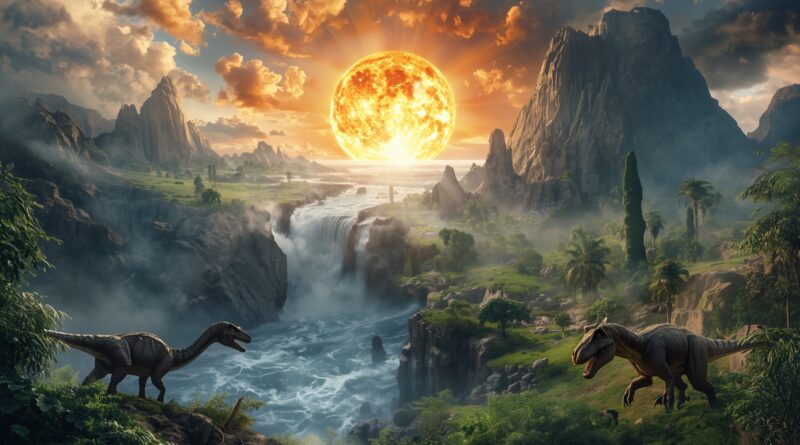 Biblické stvorenie sveta podľa knihy Genezis so slnkom nad prvotnou krajinou, vodopádmi a stvorenými bytosťami ako obraz doslovného Božieho diela