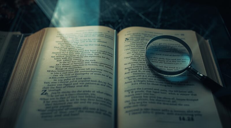 Detail otvorenej Biblie s lupou na stránke, preskúmavanie textu a prekladov