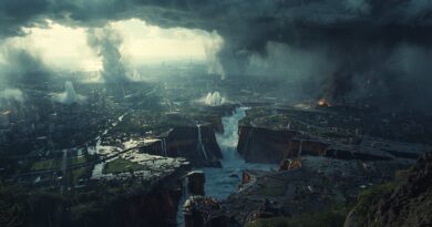 Apokalyptický pohľad na rozštiepenú zem s masívnymi vodnými prúdmi a temnými búrkovými oblakmi počas globálnej potopy