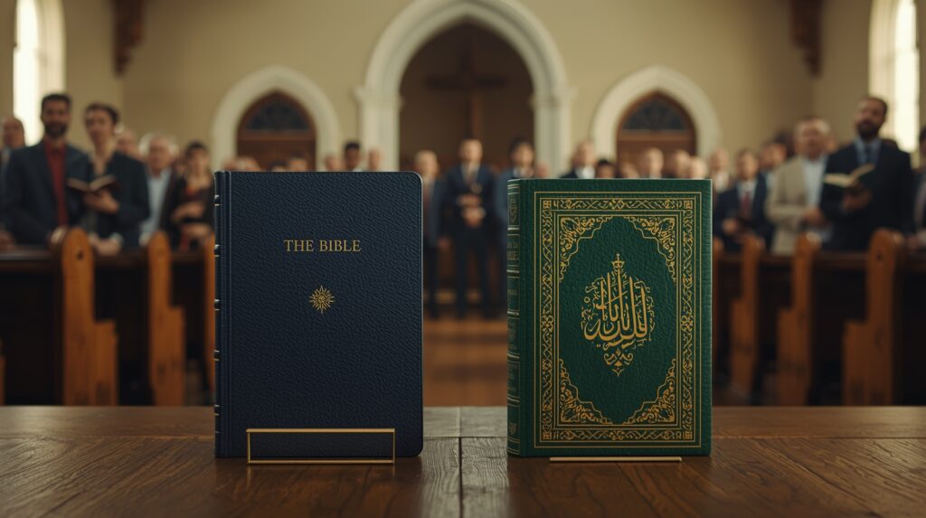 Biblia a Korán položené vedľa seba na drevenom stole v tichej knižnici, symbolické porovnanie dvoch náboženských textov