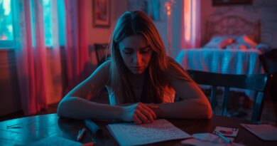 Mladá žena sediaca pri stole v tmavej miestnosti vyjadrujúca vnútorný smútok, osamelosť a psychickú krízu.