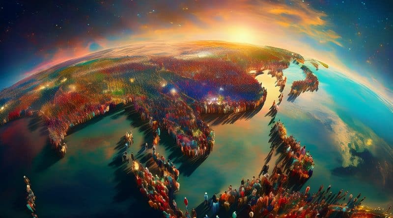 Milióny ľudí na povrchu Zeme, symbolizujúce tému populačného rastu a jeho vzťahu k evolučnej teórii.
