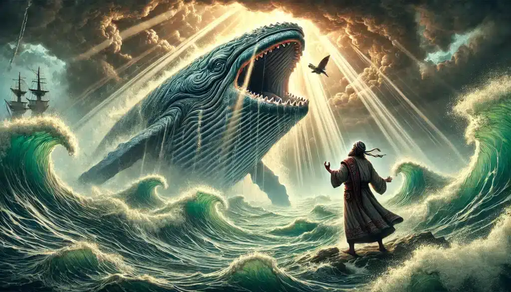Ilustrácia biblického príbehu Jonáša a veľryby, zobrazuje Jonáša v starovekom stredovýchodnom oblečení stojaceho na pobreží pred obrovskou veľrybou, ktorá vystupuje z búrlivého mora.